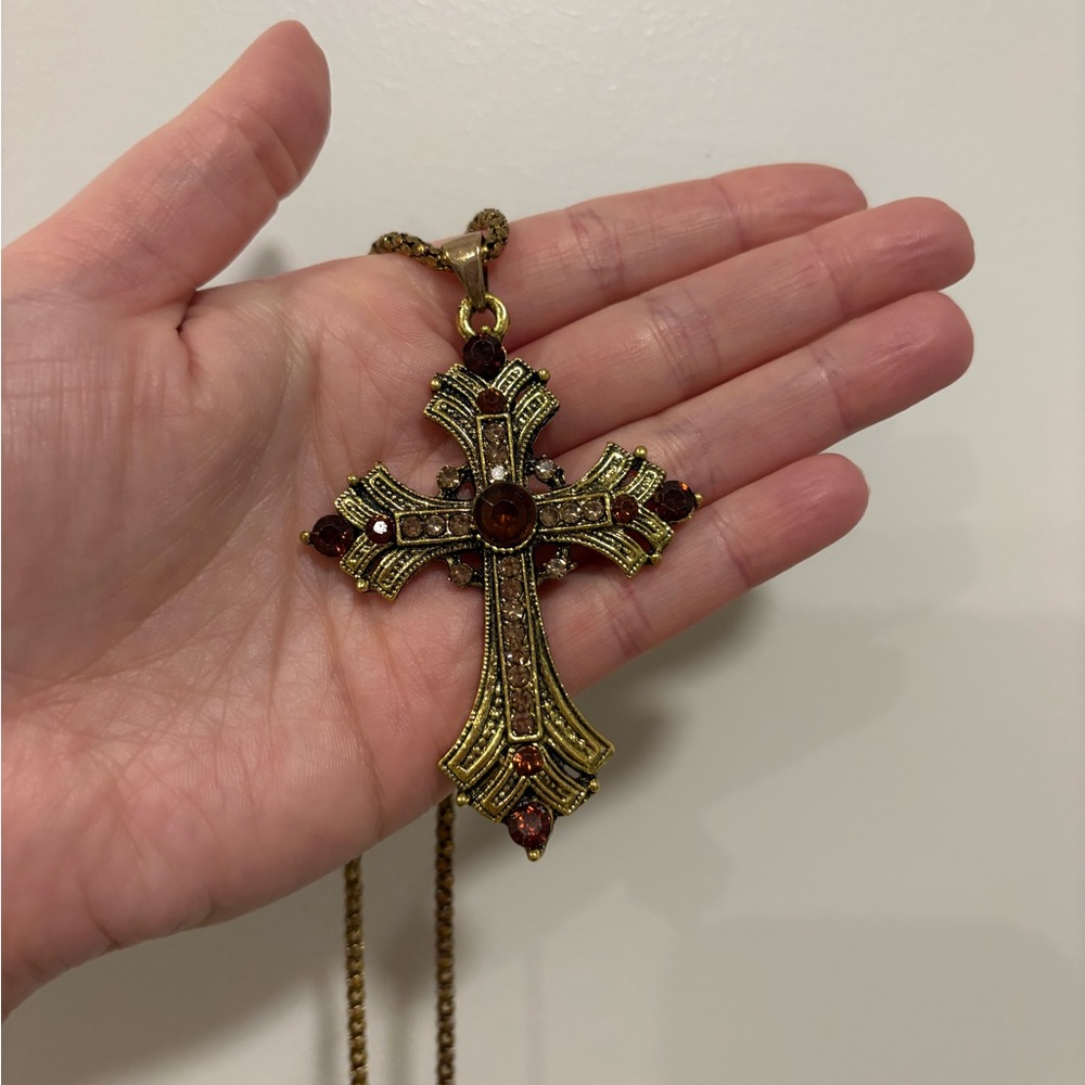 Vintage Gold and Brown Gem Cross Pendant Necklace